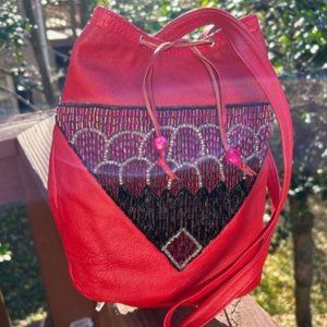 MILLE FIORI - NYC Red Leather Beaded Crossbody PURSE